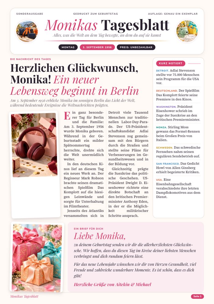 Titelseite der Geburtstagszeitung vom 3. September 1956
