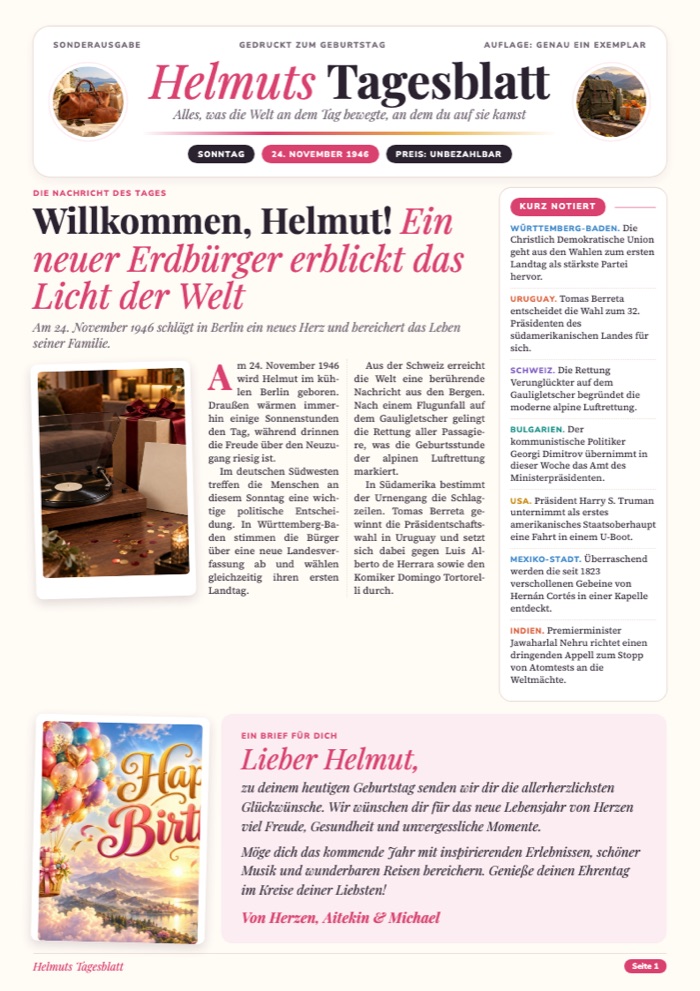 Titelseite der Geburtstagszeitung vom 24. November 1946