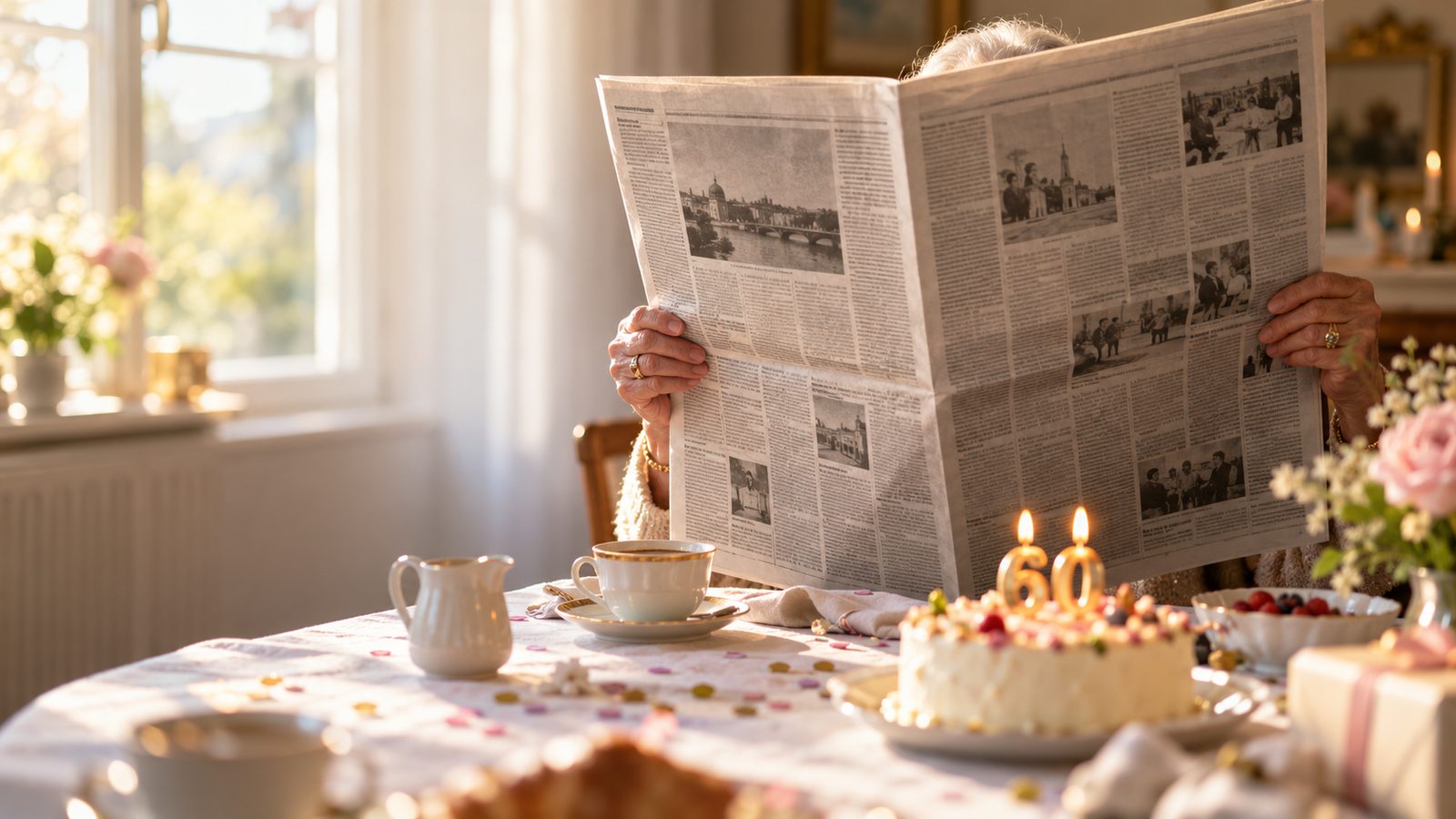 Gedruckte Geburtstagszeitung auf dem Frühstückstisch zum 60. Geburtstag