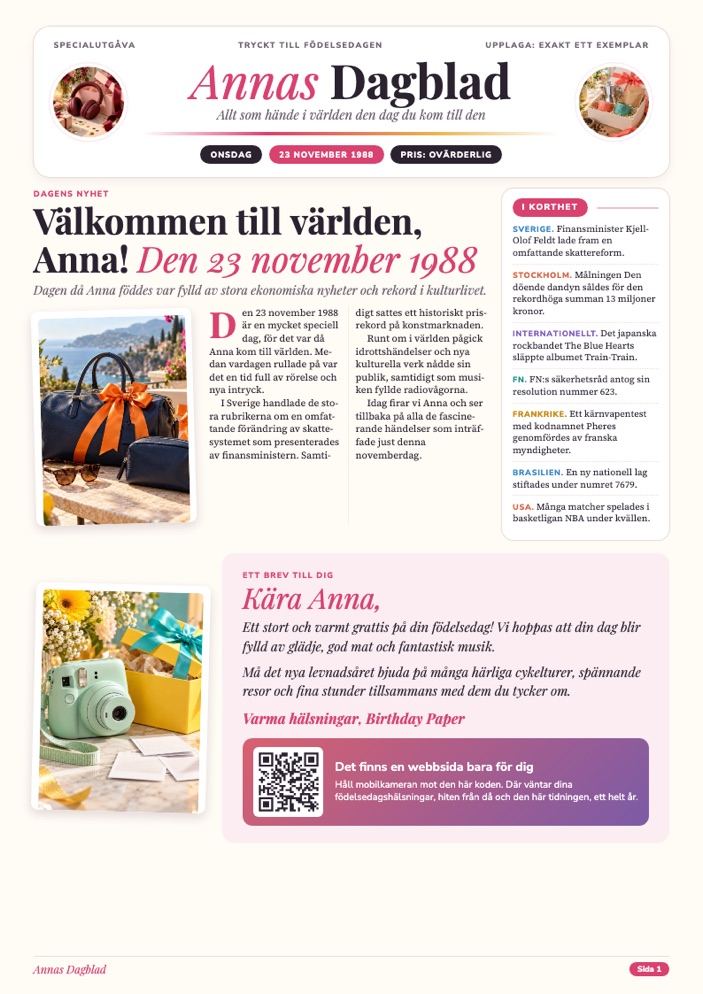Förstasidan i Annas tidning
