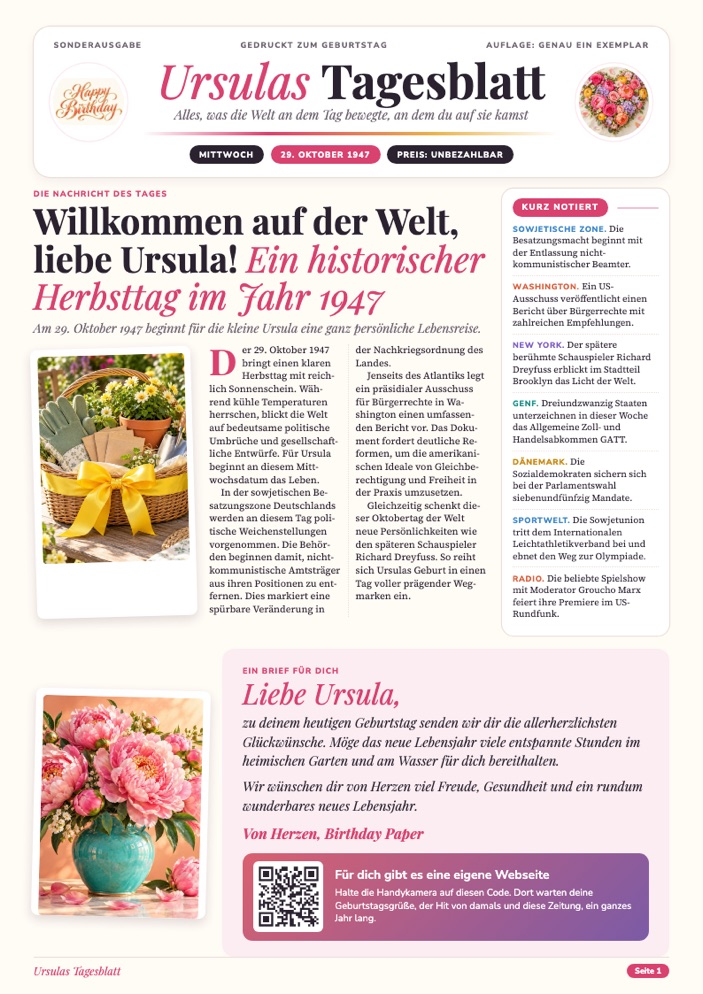 Ursulas Tagesblatt, Seite 1