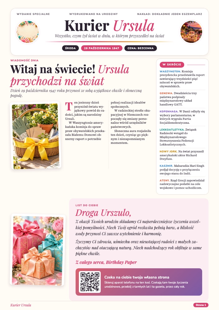 Gazeta urodzinowa: Ursula, strona 1