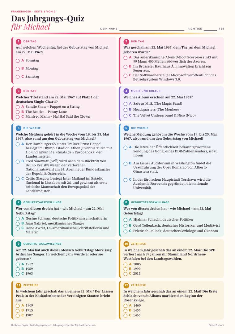 Muster Jahrgangs-Quiz: Fragebogen, Seite 1