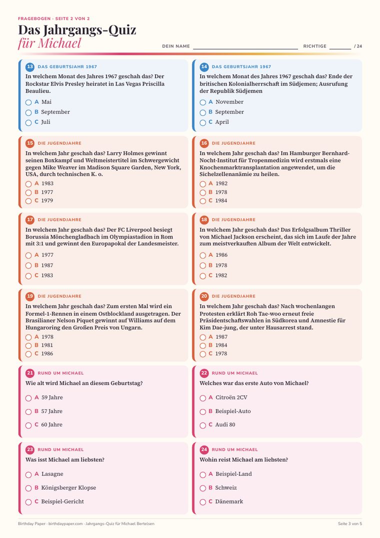 Muster Jahrgangs-Quiz: Fragebogen, Seite 2